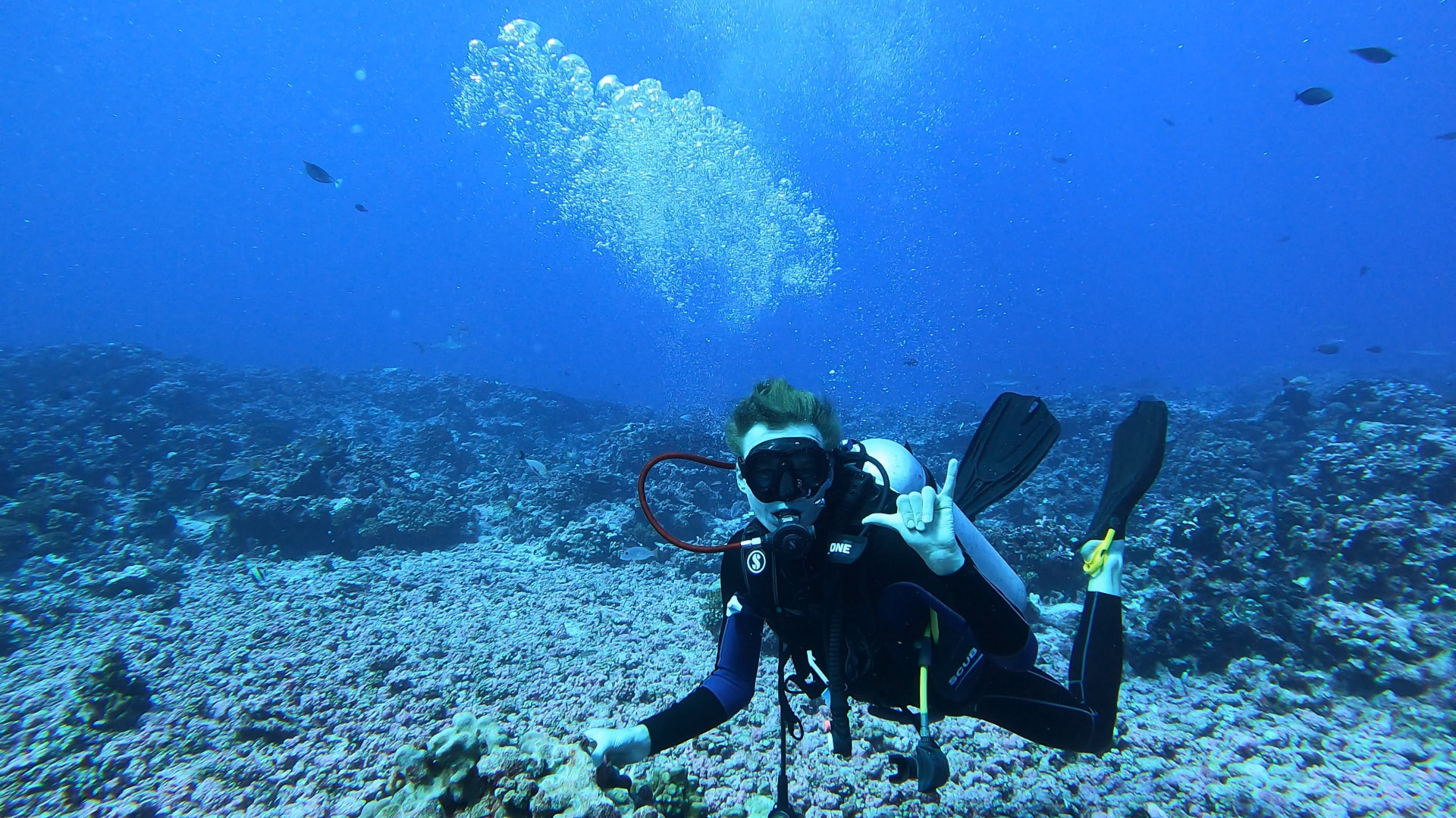 Elias Waagaard scuba diving above a coral reef